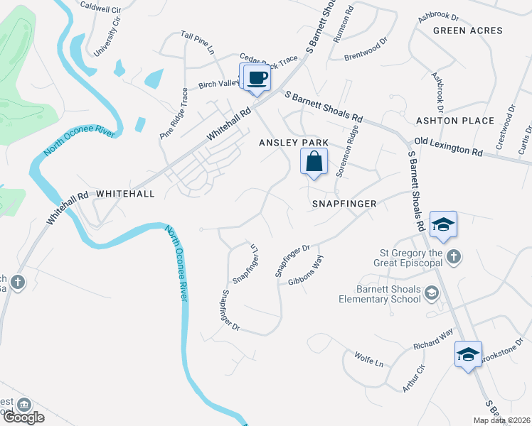 map of restaurants, bars, coffee shops, grocery stores, and more near 315 Ansley Drive in Athens