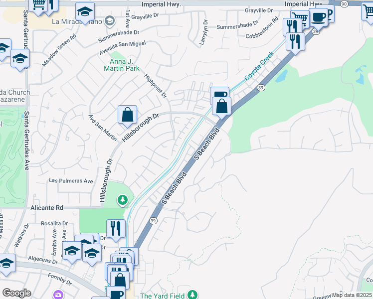 map of restaurants, bars, coffee shops, grocery stores, and more near 13815 Visions Drive in La Mirada