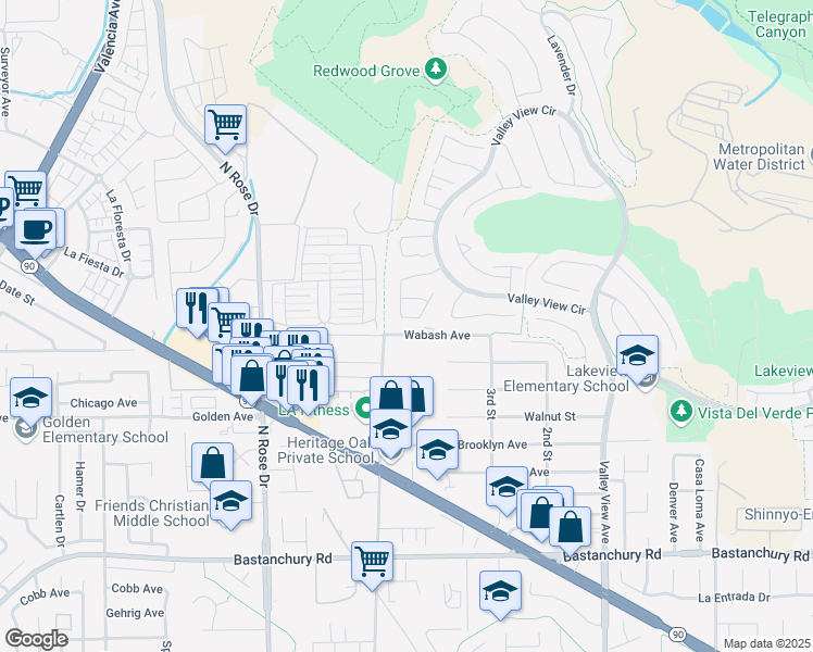 map of restaurants, bars, coffee shops, grocery stores, and more near 17066 Vista Mendoza in Yorba Linda