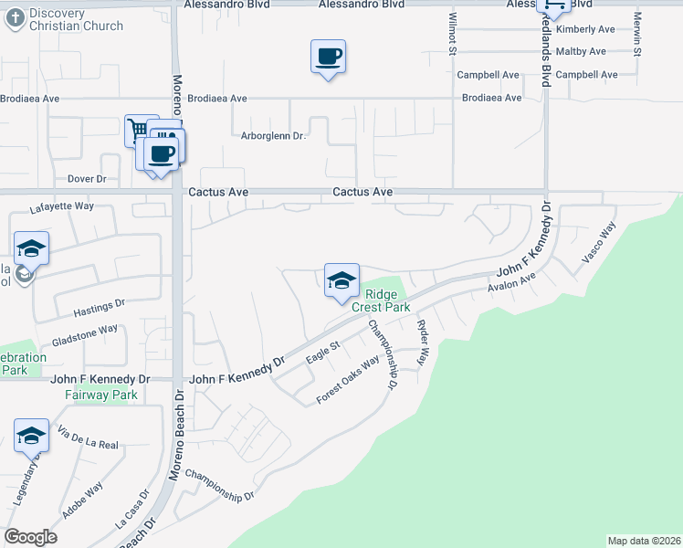 map of restaurants, bars, coffee shops, grocery stores, and more near 28360 Grandview Drive in Moreno Valley