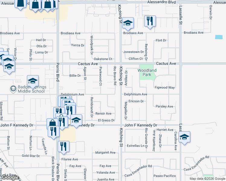 map of restaurants, bars, coffee shops, grocery stores, and more near 25412 Clovelly Court in Moreno Valley