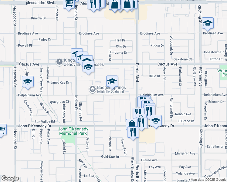 map of restaurants, bars, coffee shops, grocery stores, and more near 24850 Delphinium Avenue in Moreno Valley