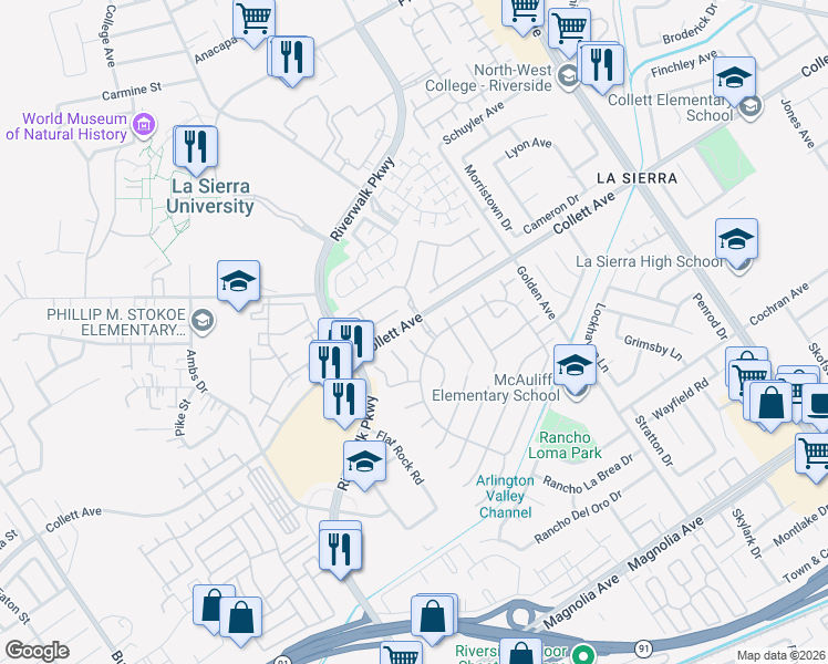 map of restaurants, bars, coffee shops, grocery stores, and more near 11512 Streampoint Court in Riverside