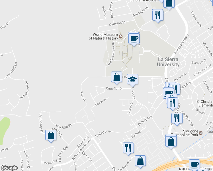 map of restaurants, bars, coffee shops, grocery stores, and more near 12073 Knoefler Drive in Riverside