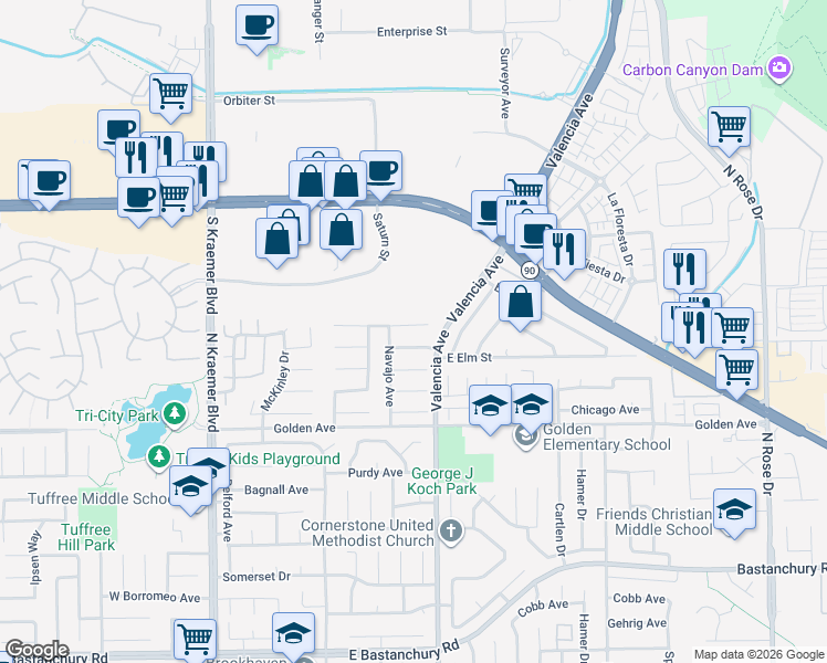 map of restaurants, bars, coffee shops, grocery stores, and more near 507 Shoshoni Avenue in Placentia