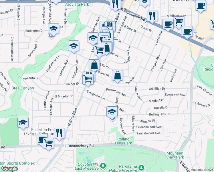 map of restaurants, bars, coffee shops, grocery stores, and more near 250 East Acacia Street in Brea