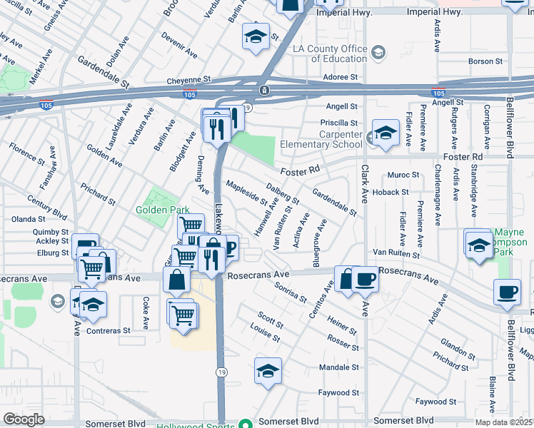 map of restaurants, bars, coffee shops, grocery stores, and more near 9149 Mapleside Street in Bellflower