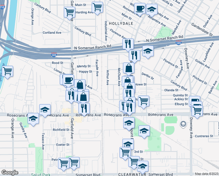 map of restaurants, bars, coffee shops, grocery stores, and more near 13955 Arthur Avenue in Paramount