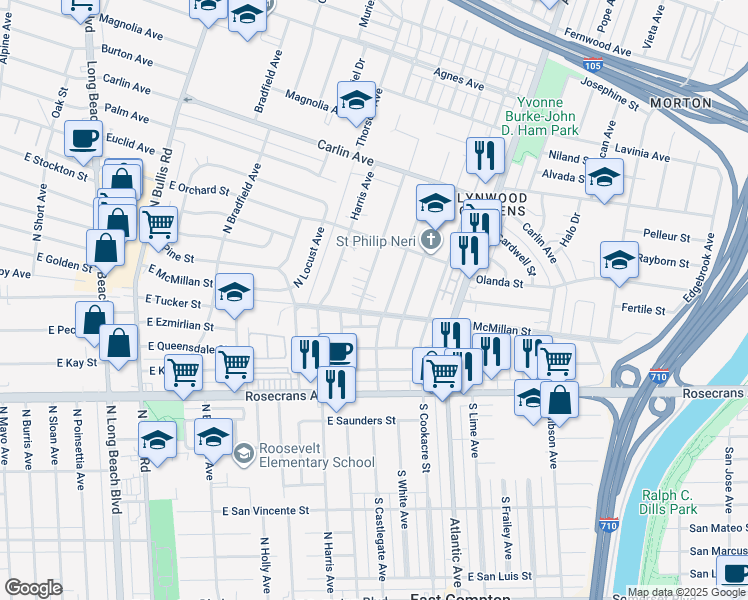 map of restaurants, bars, coffee shops, grocery stores, and more near 12712 Waldorf Drive in Lynwood