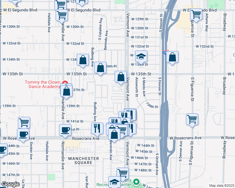 map of restaurants, bars, coffee shops, grocery stores, and more near 13619 Vermont Avenue in Gardena