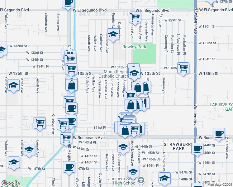 map of restaurants, bars, coffee shops, grocery stores, and more near 13617 Daphne Avenue in Gardena