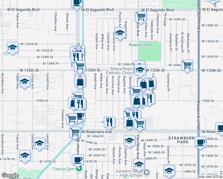 map of restaurants, bars, coffee shops, grocery stores, and more near 13617 Arcturus Avenue in Gardena
