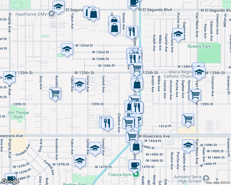 map of restaurants, bars, coffee shops, grocery stores, and more near 3205 Galli Street in Hawthorne
