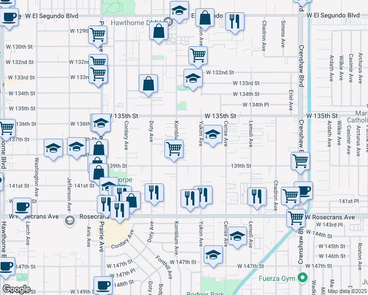 map of restaurants, bars, coffee shops, grocery stores, and more near 13616 Kornblum Avenue in Hawthorne