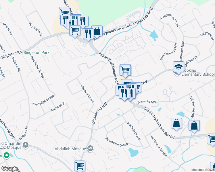 map of restaurants, bars, coffee shops, grocery stores, and more near 979 Indian Way Northwest in Lilburn