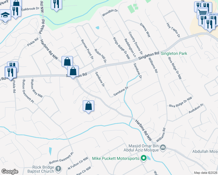 map of restaurants, bars, coffee shops, grocery stores, and more near 5506 Chimney Trail in Norcross