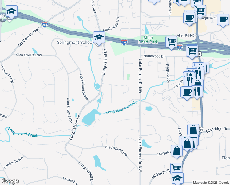 map of restaurants, bars, coffee shops, grocery stores, and more near 5525 Cross Gate Court Northwest in Atlanta