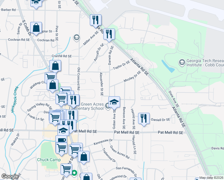 map of restaurants, bars, coffee shops, grocery stores, and more near 1862 Hawkins Street in Smyrna
