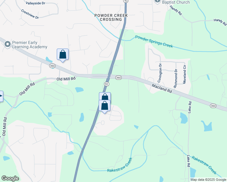 map of restaurants, bars, coffee shops, grocery stores, and more near 3596 Macland Road in Hiram