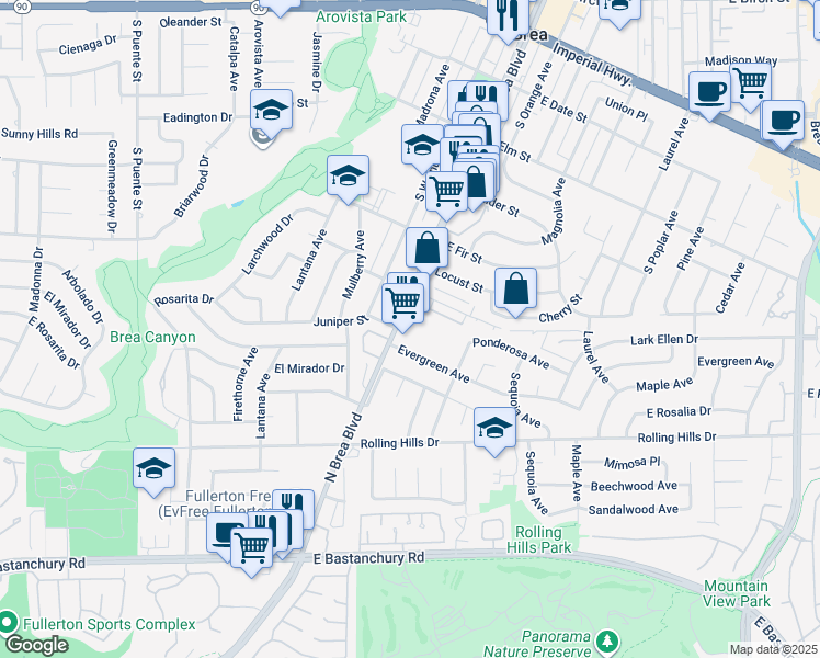 map of restaurants, bars, coffee shops, grocery stores, and more near 3020 North Brea Boulevard in Fullerton