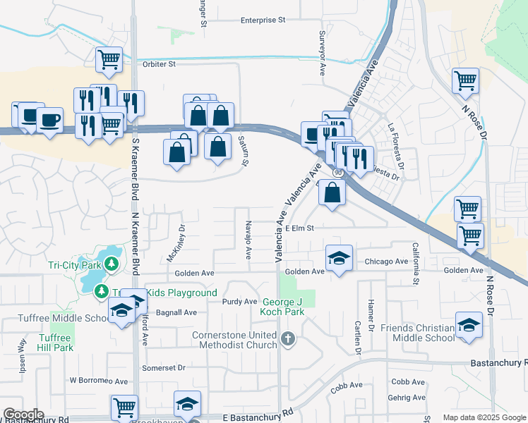 map of restaurants, bars, coffee shops, grocery stores, and more near 507 Shoshoni Avenue in Placentia