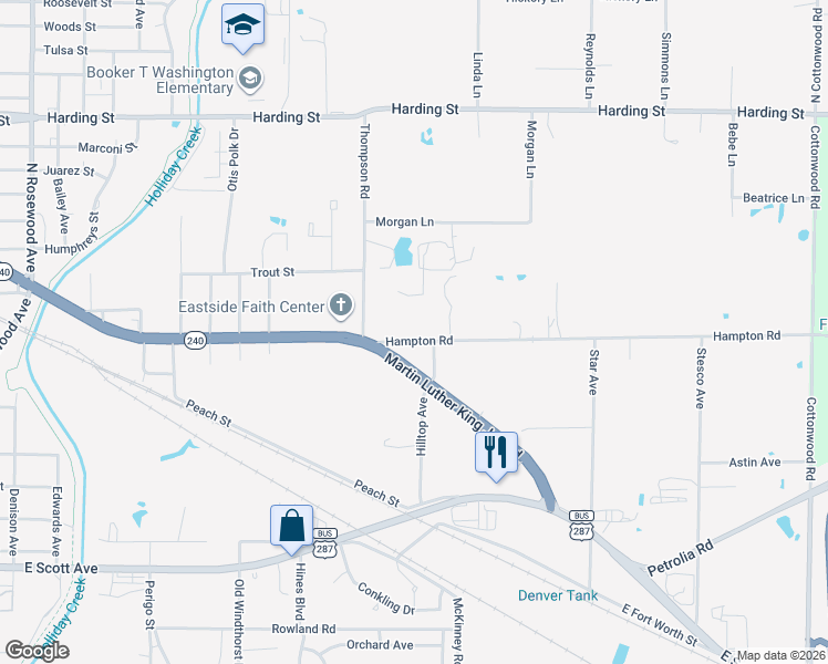 map of restaurants, bars, coffee shops, grocery stores, and more near 1511 Hampton Road in Wichita Falls