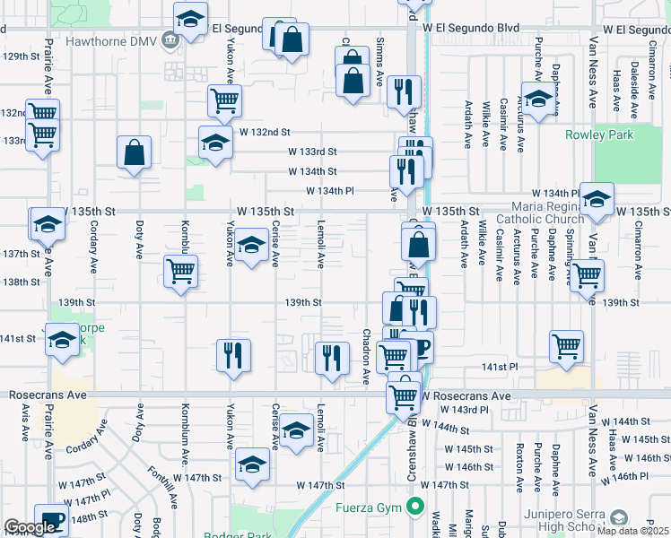 map of restaurants, bars, coffee shops, grocery stores, and more near 13700 Lemoli Avenue in Hawthorne