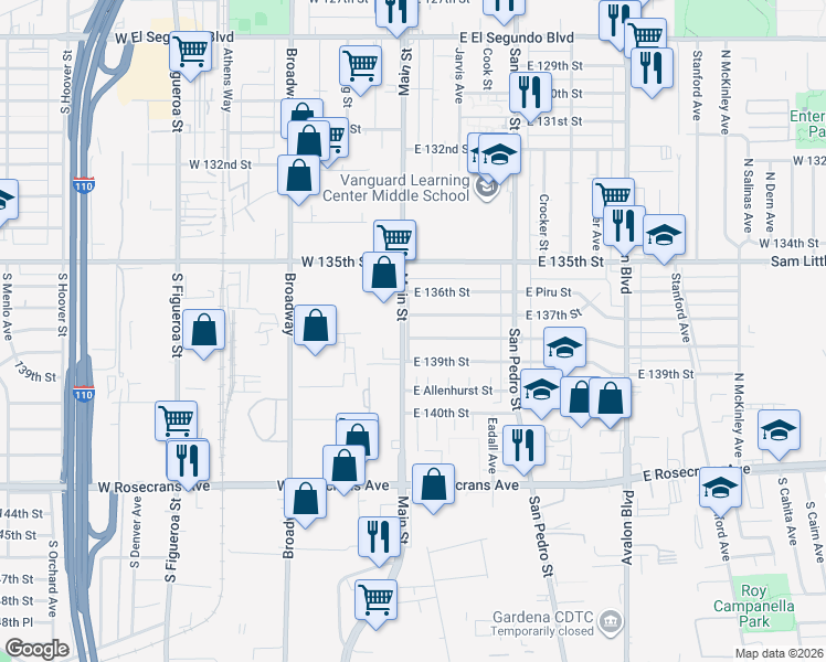 map of restaurants, bars, coffee shops, grocery stores, and more near 109 East 137th Street in Los Angeles