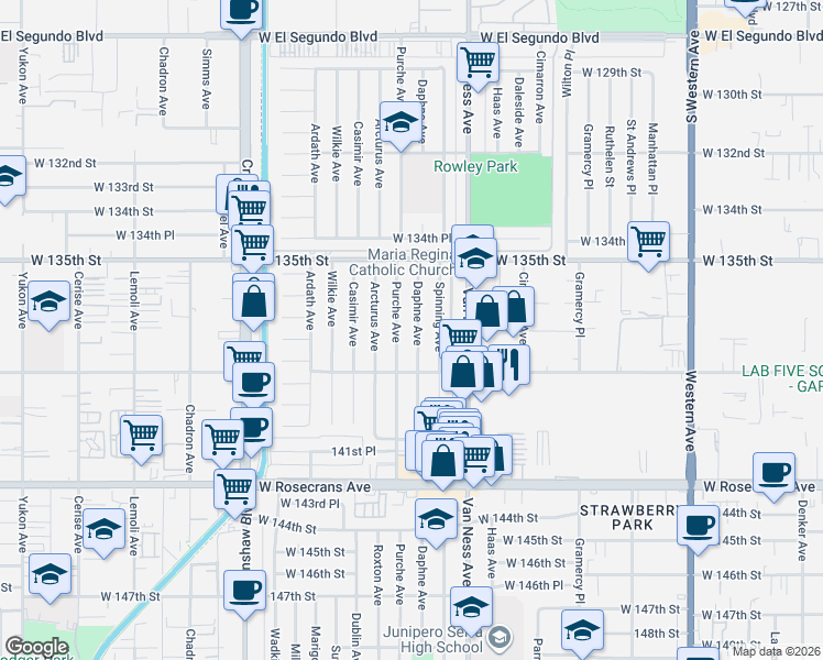 map of restaurants, bars, coffee shops, grocery stores, and more near 13617 Daphne Avenue in Gardena