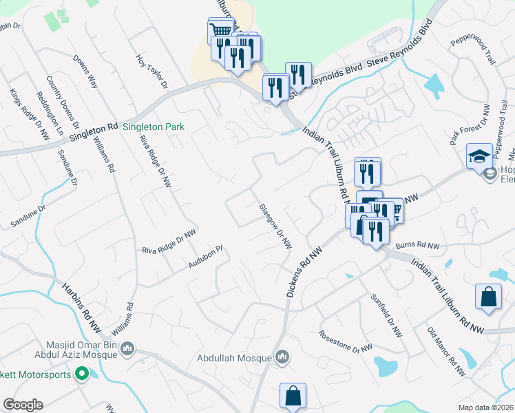 map of restaurants, bars, coffee shops, grocery stores, and more near 1079 Glasgow Drive Northwest in Lilburn