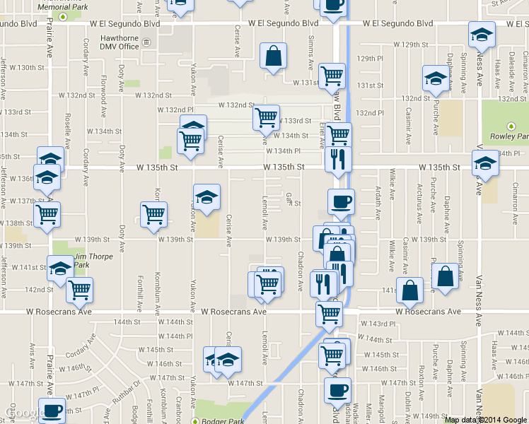 map of restaurants, bars, coffee shops, grocery stores, and more near 13620 Lemoli Avenue in Hawthorne