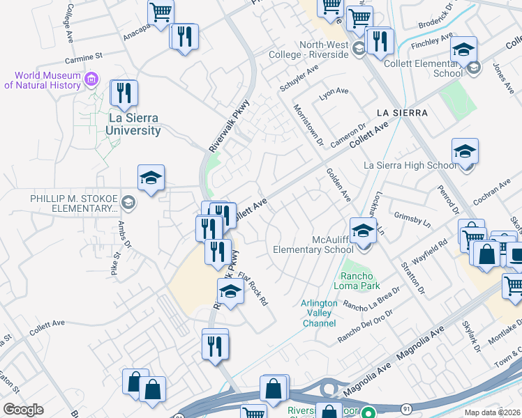 map of restaurants, bars, coffee shops, grocery stores, and more near 11512 Streampoint Court in Riverside