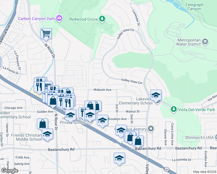 map of restaurants, bars, coffee shops, grocery stores, and more near 17160 Fremont Lane in Yorba Linda