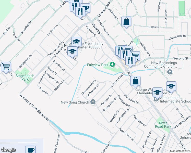 map of restaurants, bars, coffee shops, grocery stores, and more near 1711 Melrose Drive in Corona