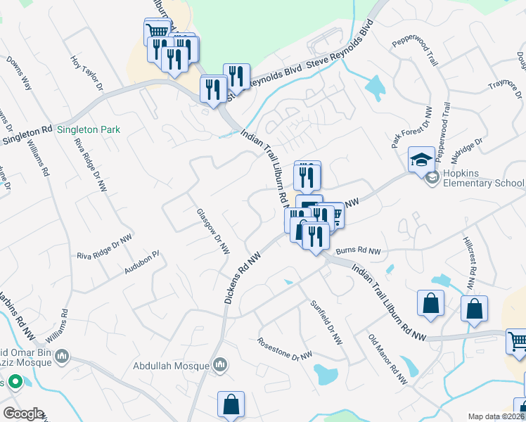 map of restaurants, bars, coffee shops, grocery stores, and more near 979 Indian Way Northwest in Lilburn