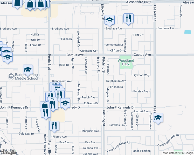 map of restaurants, bars, coffee shops, grocery stores, and more near 25412 Clovelly Court in Moreno Valley
