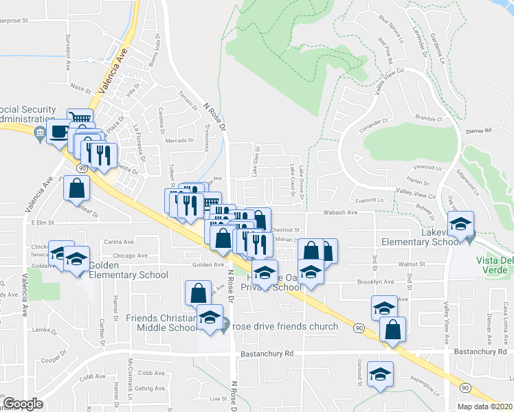 map of restaurants, bars, coffee shops, grocery stores, and more near 16742 Lake Park Way in Yorba Linda