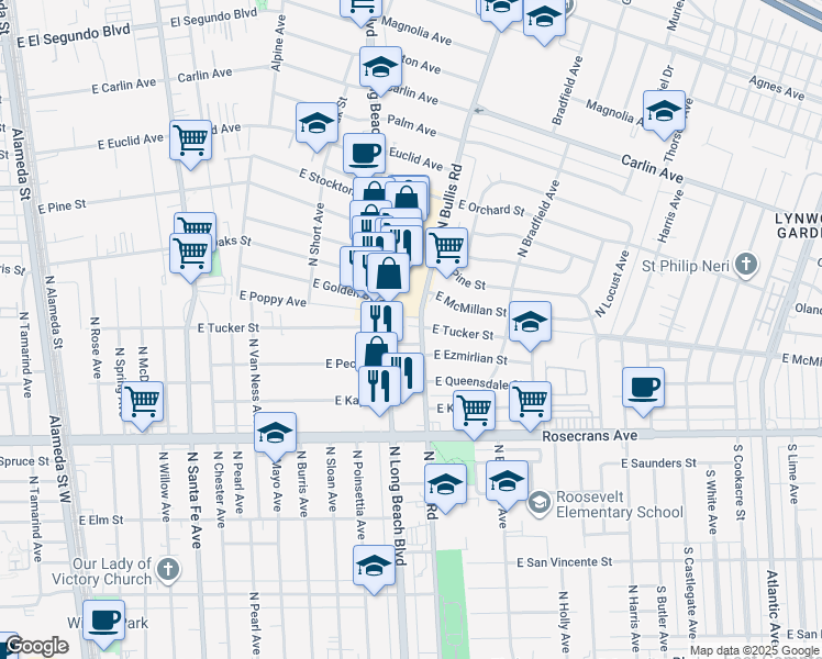 map of restaurants, bars, coffee shops, grocery stores, and more near 1709 North Bullis Road in Compton