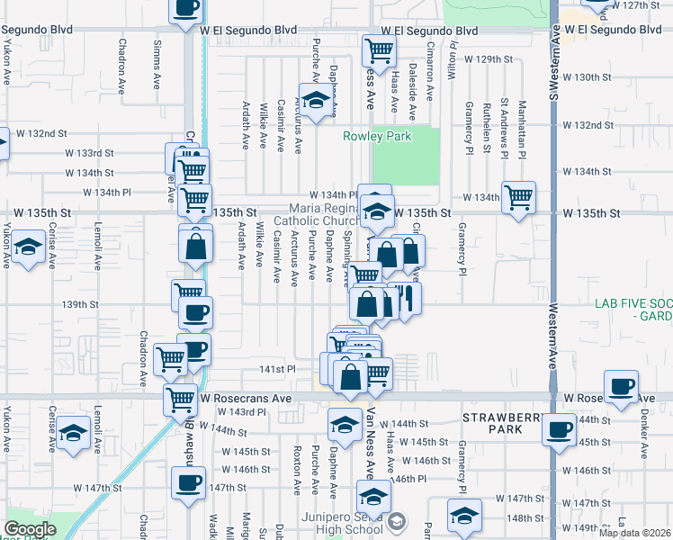 map of restaurants, bars, coffee shops, grocery stores, and more near 13708 Daphne Avenue in Gardena