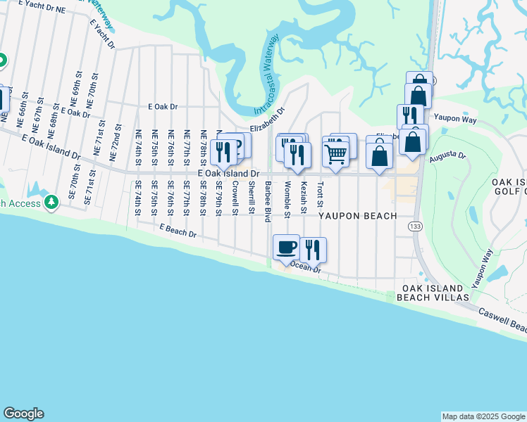 map of restaurants, bars, coffee shops, grocery stores, and more near 301 Barbee Boulevard in Oak Island