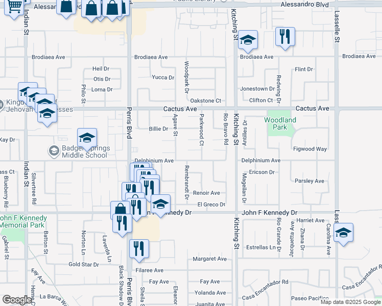 map of restaurants, bars, coffee shops, grocery stores, and more near 25283 Menominee Court in Moreno Valley