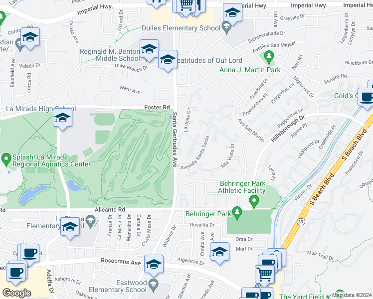 map of restaurants, bars, coffee shops, grocery stores, and more near 13616 La Jolla Circle in La Mirada