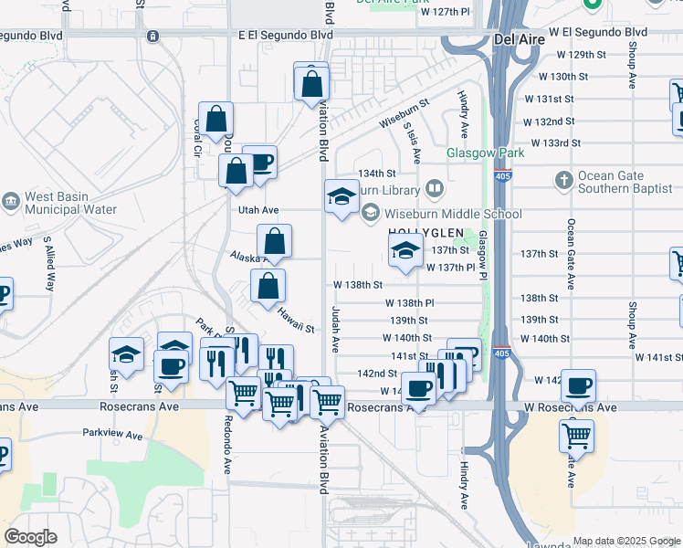 map of restaurants, bars, coffee shops, grocery stores, and more near 13726 Judah Avenue in Hawthorne