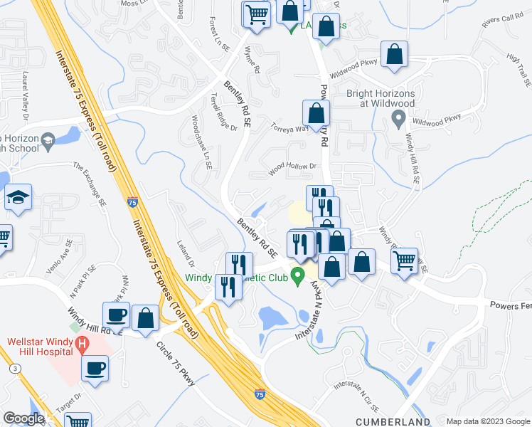 map of restaurants, bars, coffee shops, grocery stores, and more near 1978 Kimberly Village Lane Southeast in Marietta