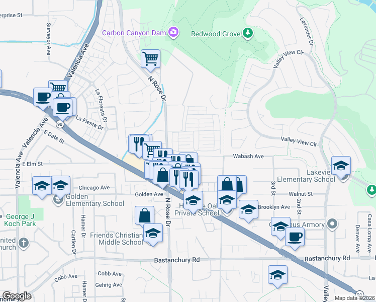 map of restaurants, bars, coffee shops, grocery stores, and more near 16942 Lake Ridge Way in Yorba Linda