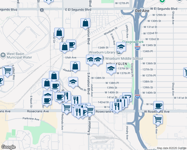 map of restaurants, bars, coffee shops, grocery stores, and more near 13726 Judah Avenue in Hawthorne