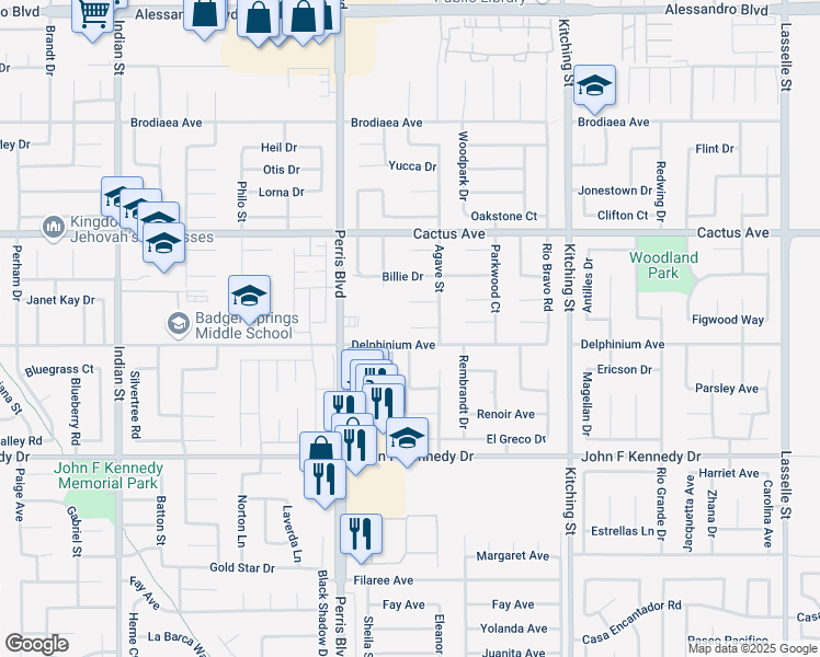 map of restaurants, bars, coffee shops, grocery stores, and more near 7295 Gorgonio Way in Moreno Valley