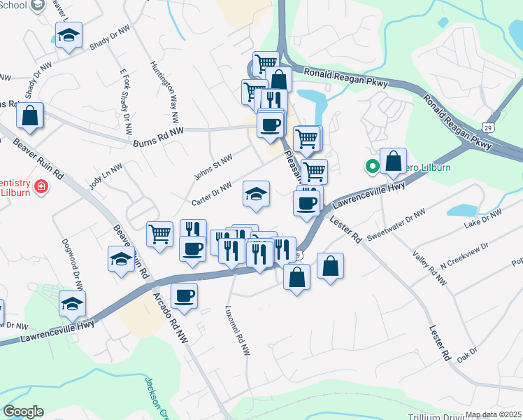 map of restaurants, bars, coffee shops, grocery stores, and more near 405 Pleasant Hill Road in Lilburn