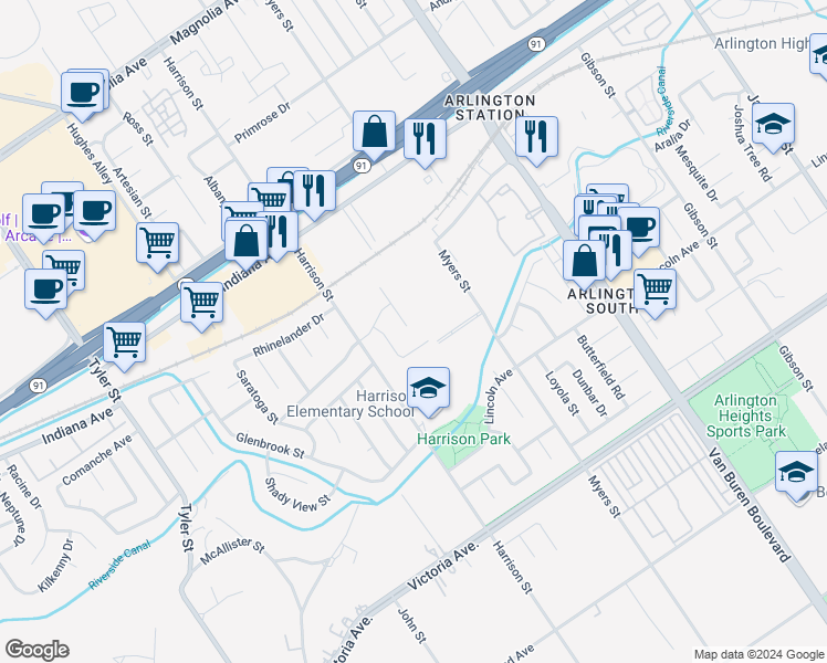 map of restaurants, bars, coffee shops, grocery stores, and more near 3055 Shade Tree Lane in Riverside