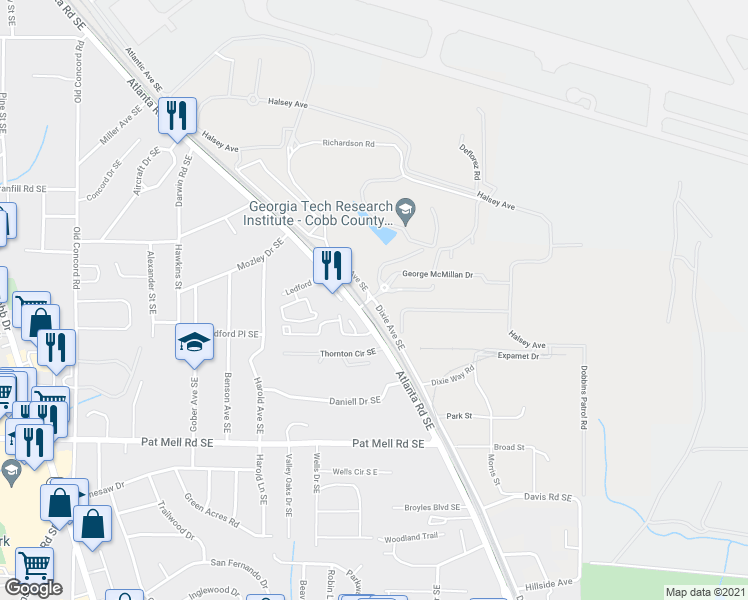 map of restaurants, bars, coffee shops, grocery stores, and more near 1940 Dixie Avenue Southeast in Smyrna